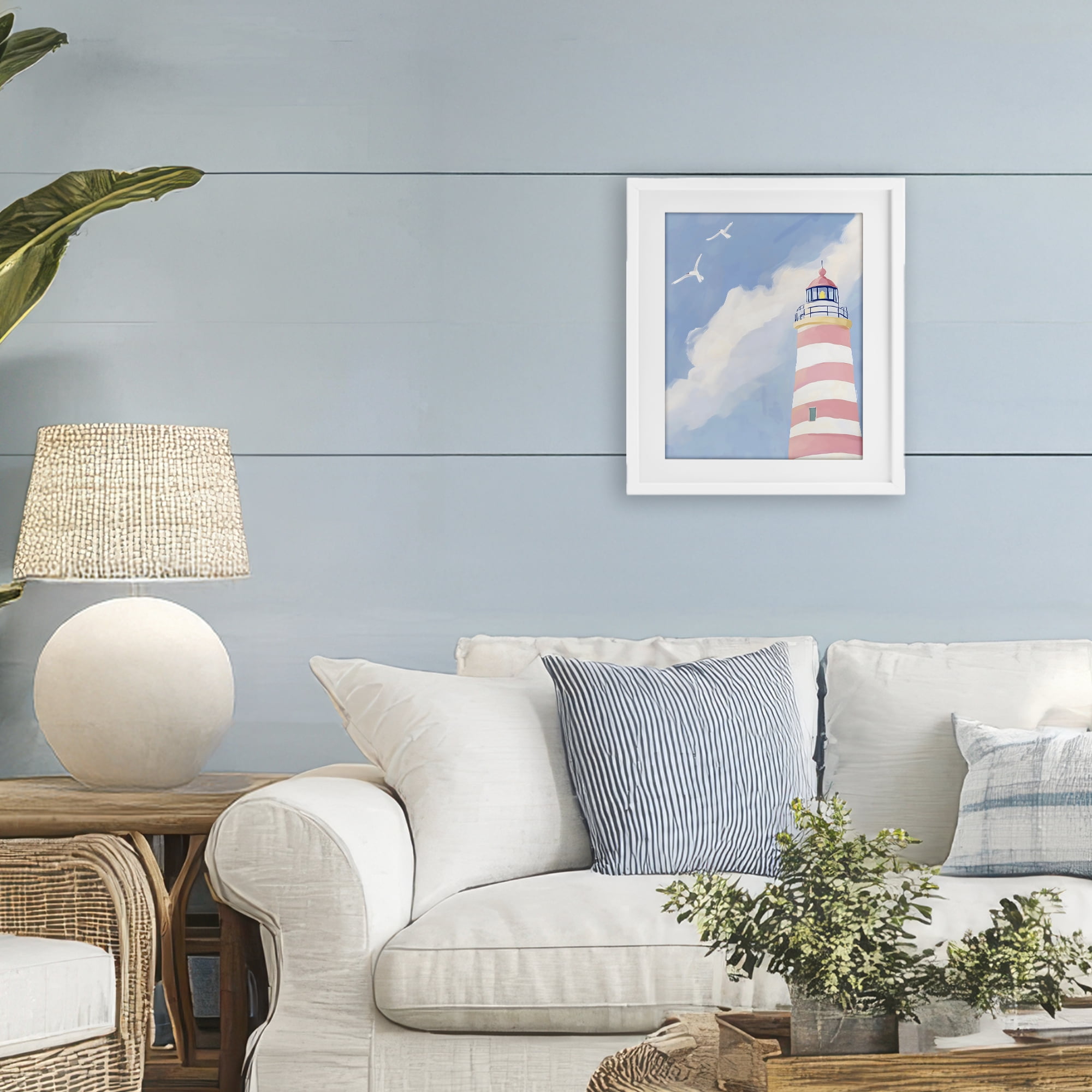 Stupell Industries Striped Lighthouse with Seagulls White Framed Print Under Glass, design by The Prints Vibe