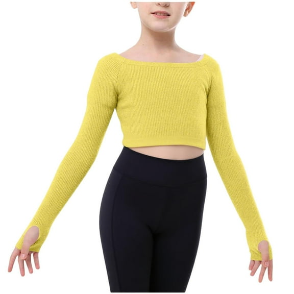 BLCHUNen Girls Long Sleeve Tops for 5-16 Years Ribbed Knit Cropped Crew Neck Pullover Sports Dance Fall Tops with Thumb Holes