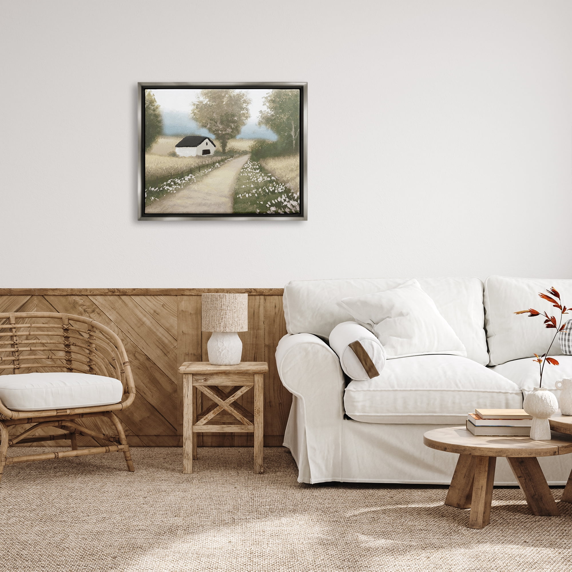 Stupell Industries Subtle Cottage Path Landscape Painting Gray Floater Framed Canvas Art Print Wall Art, 31 x 25
