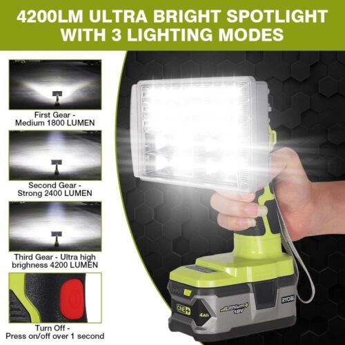4200LM Cordless LED Work Light Powered by Ryobi 18V ONE+ Li-ion Ni-Cad Ni-Mh Battery, Ryobi 18V Flashlight Spotlight with 9" Zinc Alloy Lamp Cap, Use for Emergency, Camping, Hiking