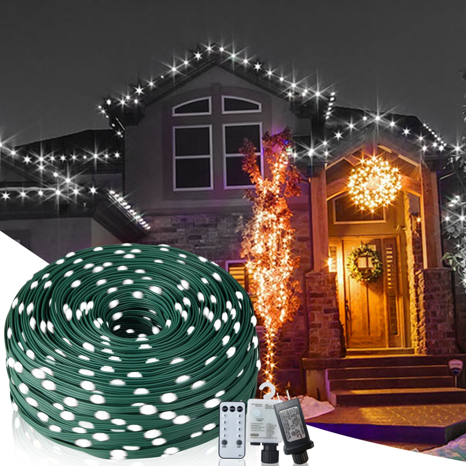 1000 LED Christmas String Lights with Remote Control, 328Ft Christmas Rope Lights with 8 Lighting Modes and Timer Function, Outdoor Xmas Lights for Holiday Wedding Party DIY Garden Decor, Clod White