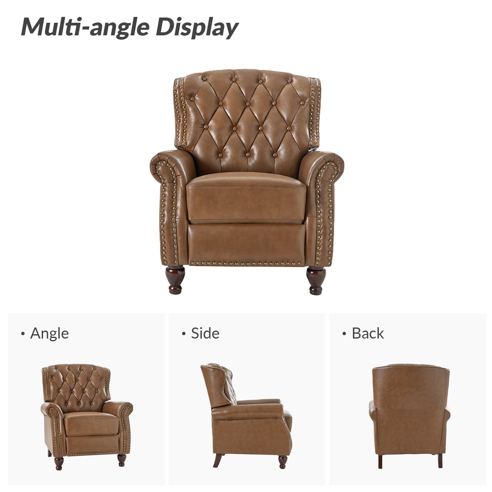 Traditional Genuine Leather Push Back Wingback Recliner Chair Tufted with Nailhead Trims and Solid Wood Legs for Living Room Camel