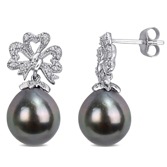 9 - 9.5mm Black Tahitian Cultured Pearl and 1/6 CT TW Diamond Flower Bow Earrings in 10k White Gold