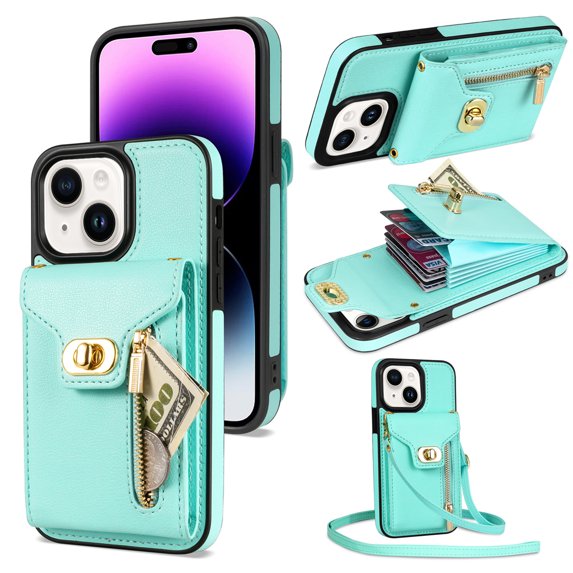 Crossbody Strap for iPhone 14 Wallet Case with Card Holder, Flip PU Leather for iPhone 14 Case Stand Zipper Pocket Protective Phone Case for Women Girls - Mint