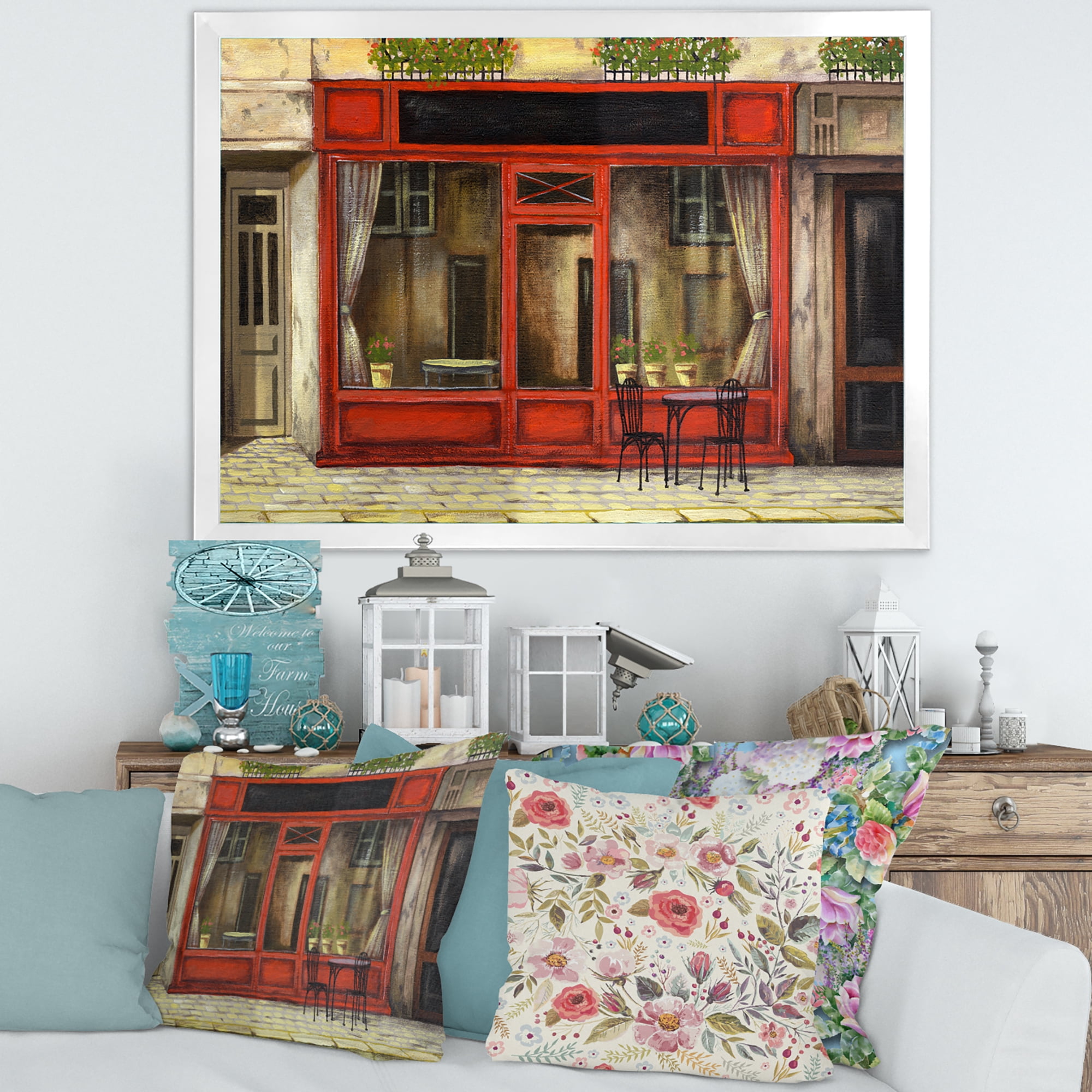 Red Facade of Charming Shop In Paris Street I 20 in x 12 in Framed Painting Canvas Art Print, by Designart