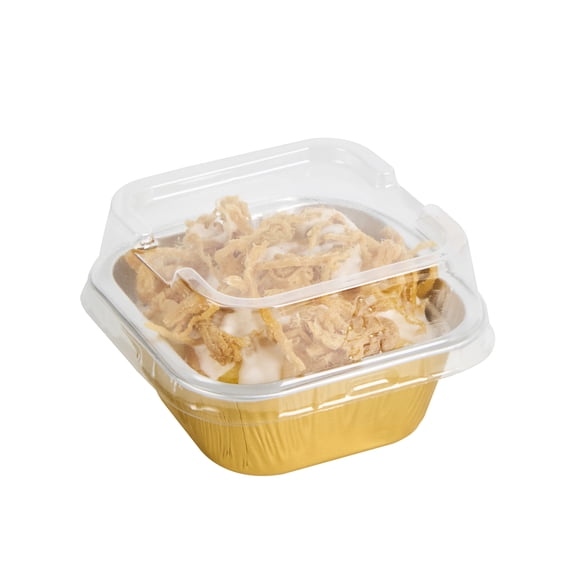Pastry Tek 3 oz Square Gold Aluminum Baking Cup - with Plastic Dome Lid - 3" x 3" x 1 1/4" - 100 count box