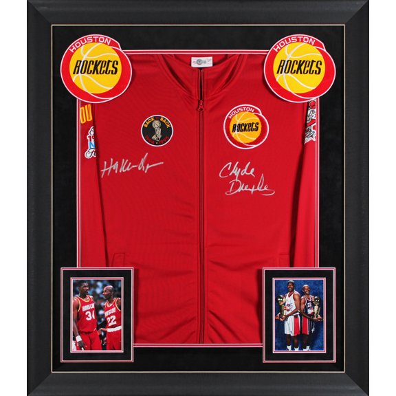 Collectible Rockets Hakeem Olajuwon & Clyde Drexler Signed Red M&N Framed Bomber Jacket BAS