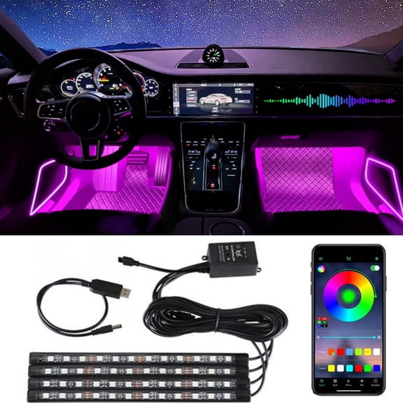 VFM Car LED Lights, Smart Car Interior Lights with App Control, RGB Lights with DIY Mode and Music Mode, 4 Lines Design LED Lights for Cars with Car Charger, 12V