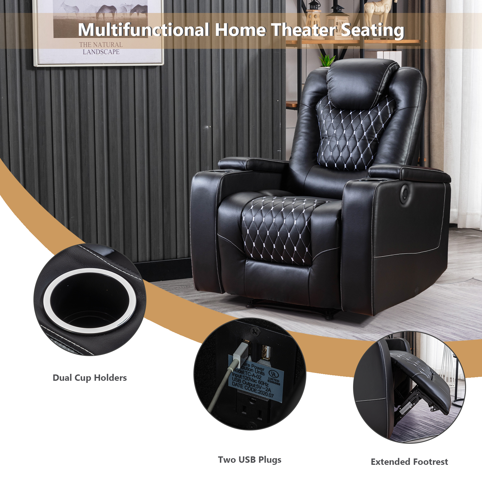 Bonzy Home Double Power Sofa Recliner, Home Theater Seating Living Room Chair, Electric Seats - Black
