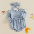 thumbnail image 5 of Cute Infant Girl Outfits Summer Newborn Girls Short Sleeve Romper with Headband Baby Jumpsuit Spring Clothes (Blue 0 Months), 5 of 6