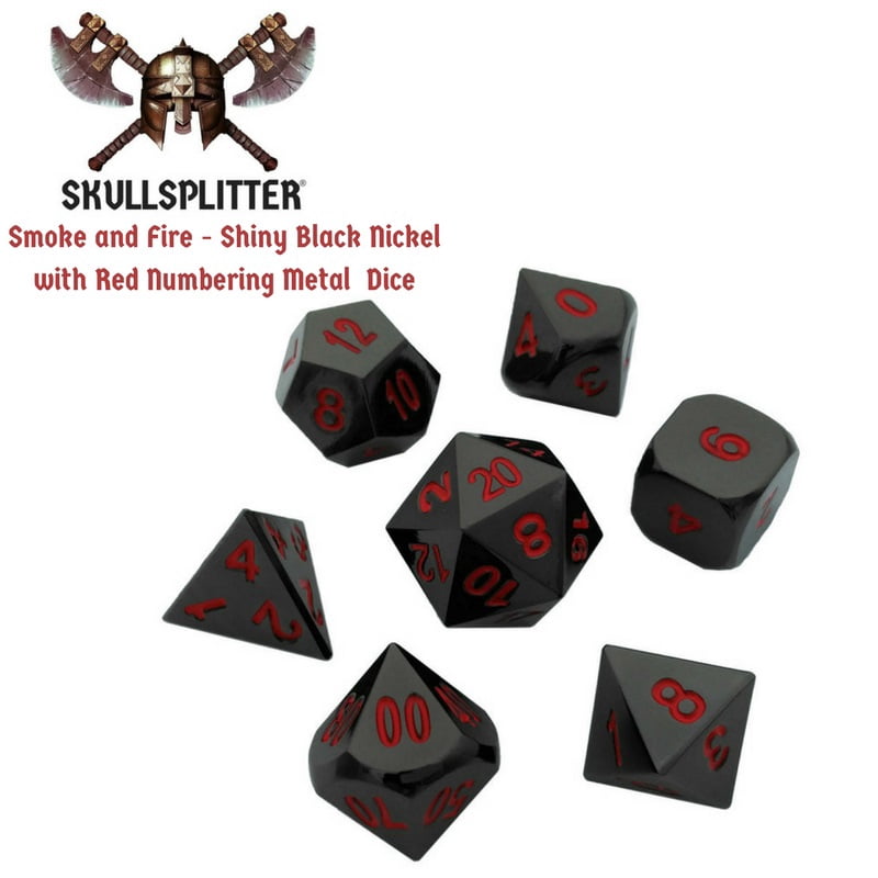 Wizards Grimoire with Smoke and Fire | Shiny Black Nickel with Red Numbers Metal Dice -
