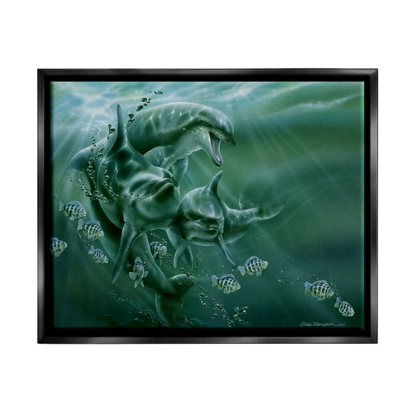 Stupell Industries Underwater Dolphins and Fish Coastal Painting Black Floater Framed Art Print Wall Art