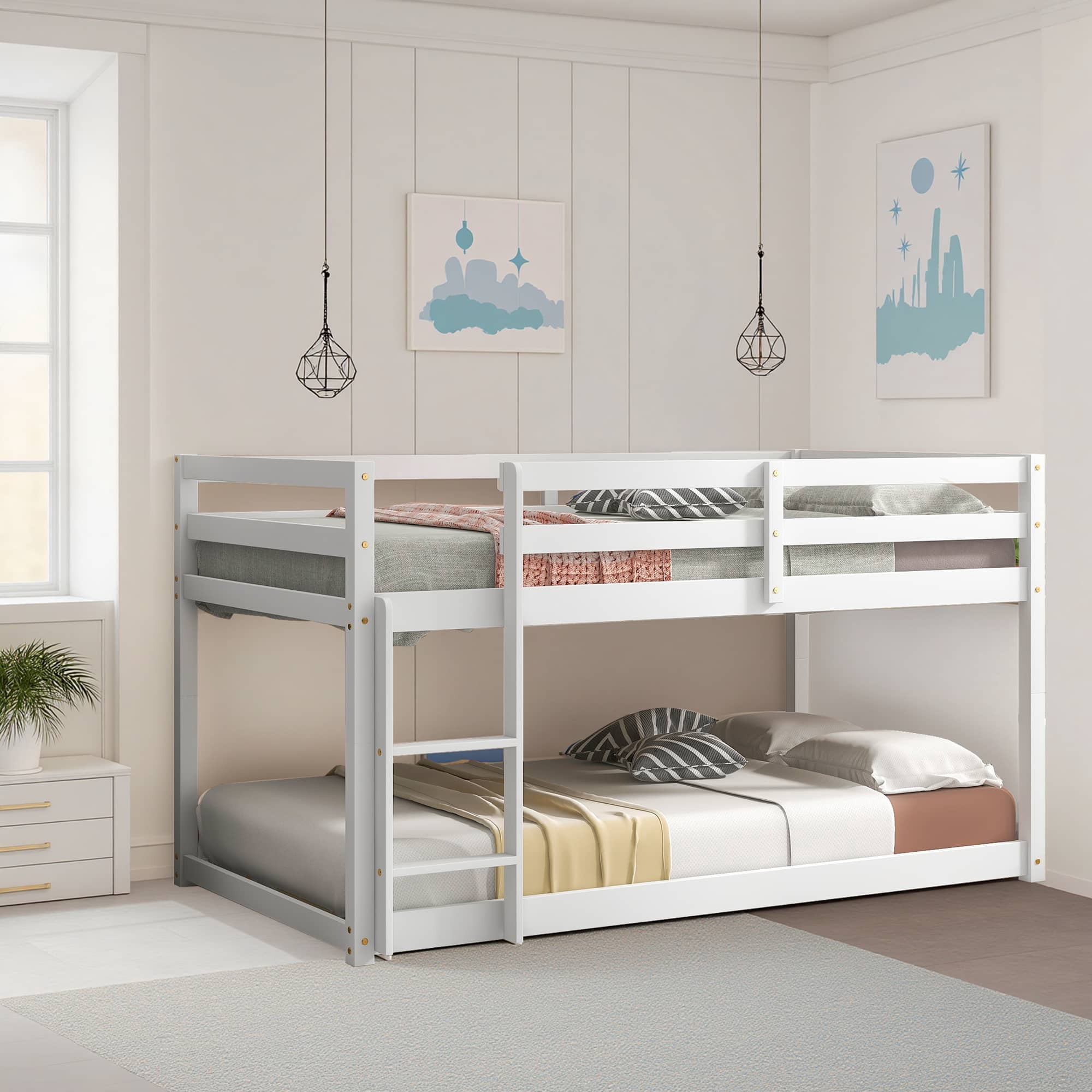 MAYEERTY Twin over Twin Floor Bunk Bed, Wood Bed Frame, White