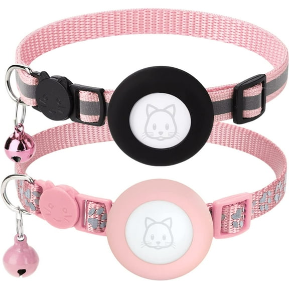 2Pack Airtag Cat Collars, Reflective Air Tag Cat Collar with Breakaway Safety Buckle and Bell, Adjustable Cat Collar with Airtag Holder Compatible with Apple Airtag for Small Pets (Pink)