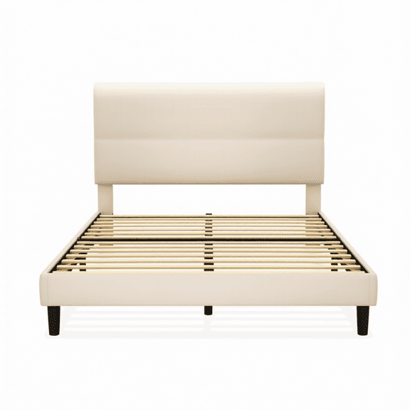 Queen Size Upholstered Platform Bed Frame with Velvet Headboard, Adjustable Height Wooden Slats Support, Mattress Foundation, Fits Mattress or Box Spring, Easy Assembly, Beige