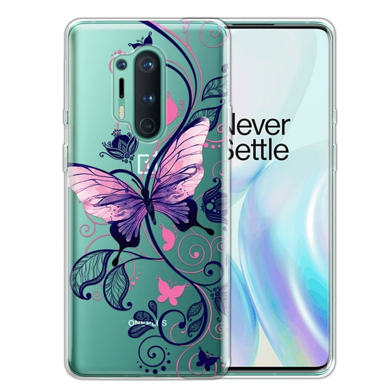 FINCIBO Soft TPU Clear Case Slim Protective Cover for OnePlus 8 Pro 6.8" 2020, Pink Purple Butterfly Curly Lines