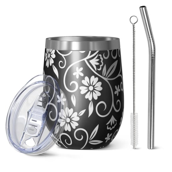 Floral 12oz Stainless Steel Insulated Wine Tumbler with Lid and Straw – Double Wall Vacuum Mug for Hot & Cold Drinks, 304 Steel Interior, Sweat-Free Design,Thanksgiving,Christmas, Spring,Flower