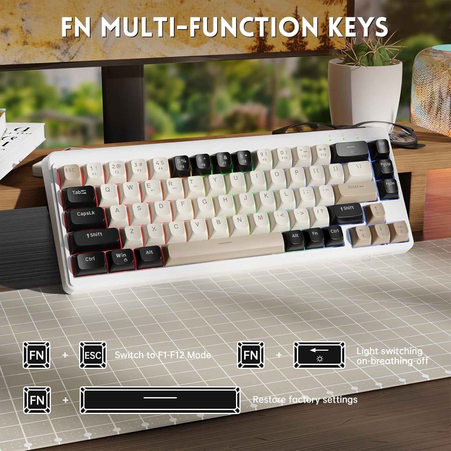 ZIYOULANG M68 65% Wireless Gaming Keyboard, QWERTY Layout, BT/2.4G/Wired Silent Membrane Keyboard, Rainbow Backlit 67 Keys PBT Keycaps, 2000mAh Portable for Gamer/Office-Creamy