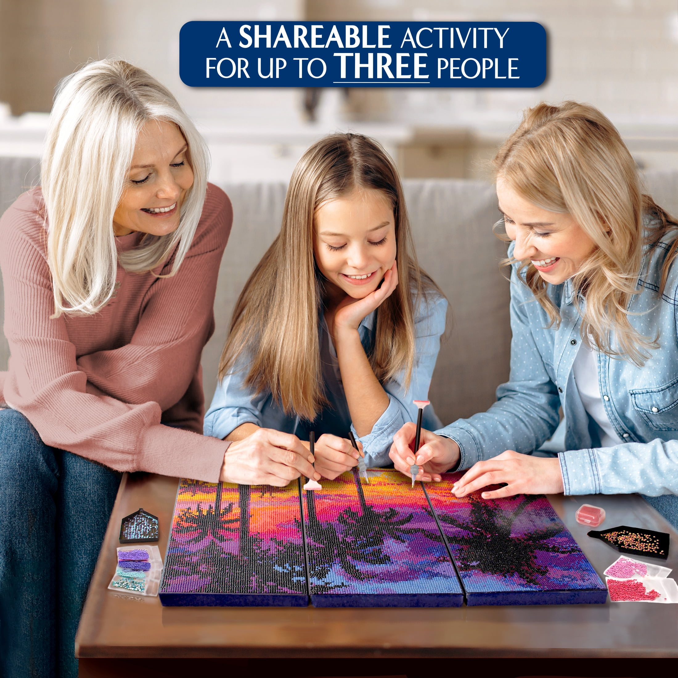 ArtSkills Diamond Painting Kit, Diamond Art Ready to Hang Framed Canvas with Storage and Accessory Kit, Beach, 3 Stretched Canvas Panels, 14” x 7” Each