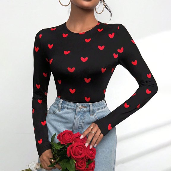 CAIXIA Womens Printed Round Neck Slimming Long Sleeve Base Shirt, Soft Casual Fall Winter Daily Layering Top,Black