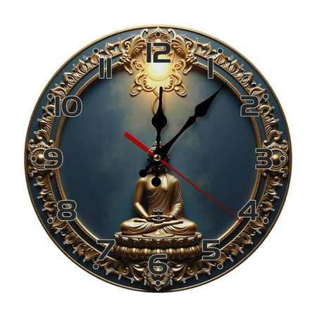 Gold Buddha Statue Wall Clock 10 Inch Silent Non Ticking Round Clock Decoration for Living Room Kitchen Bedroom Bathroom Office Classroom