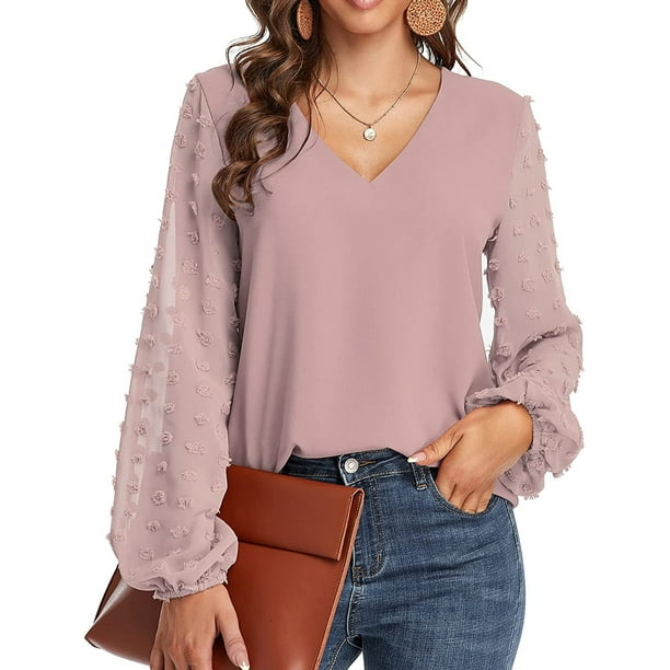 Blusa de gasa para mujer Swiss Dot Casual Cuello redondo Manga larga Pom Pom Camisas Tops XBTCLXEBCO Rosa, Chico