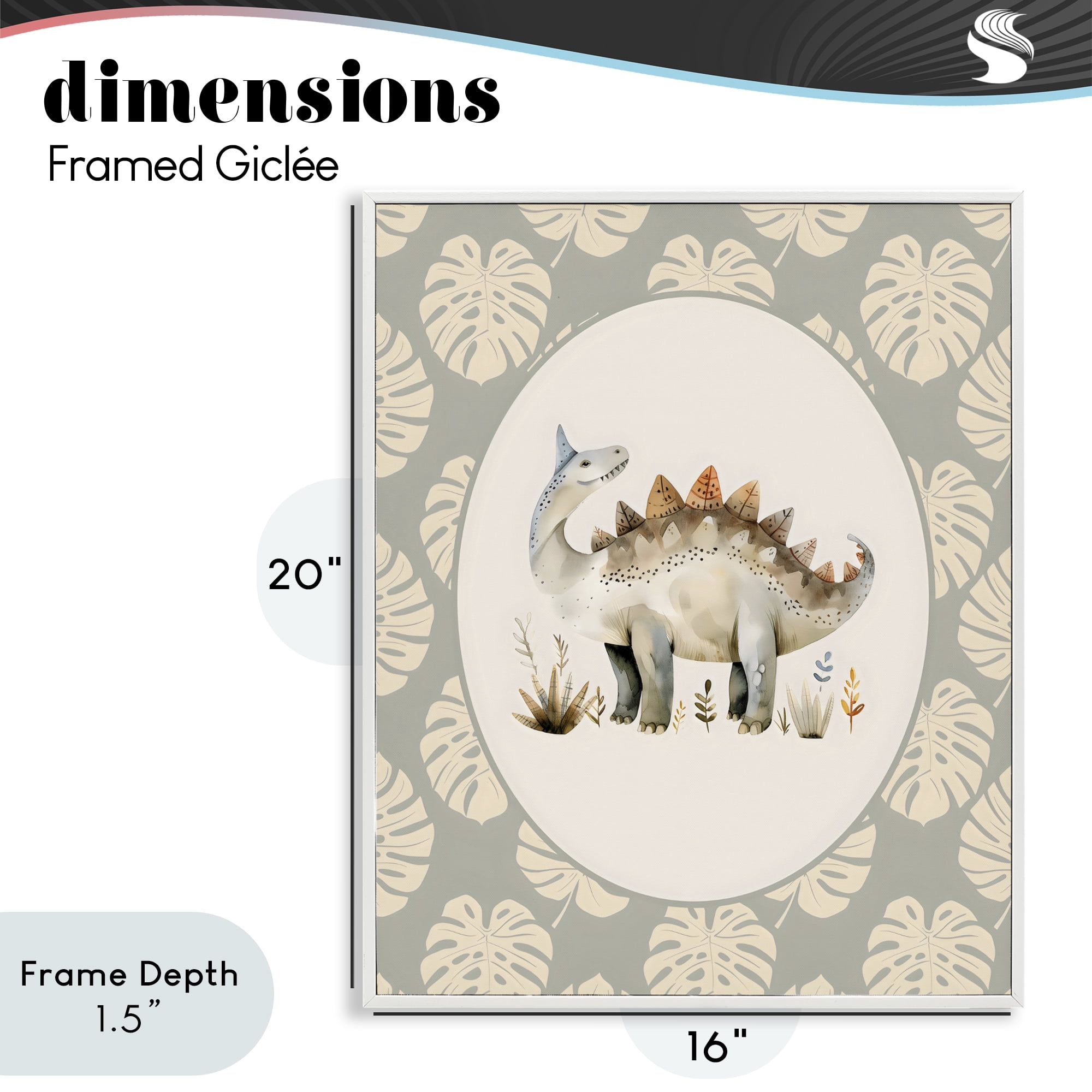 Stupell Industries Watercolor Dinosaur Monstera Border White Framed Giclee Art, design by LSR Design Studio