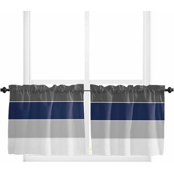 Black Navy Blue Gray Striped Window Tier Curtains 36 Inch Length, Abstract Gradient Stripes Rod Pocket Window Treatment Kitchen Drapes for Bedroom, Cafe, Living Room, 2 Panels, 27.5 W x 36 L