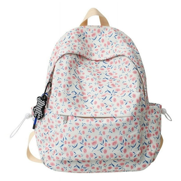Mochila estética Mochila de flores Mochila floral linda Mochila de primavera y verano Mochila informal (azul)