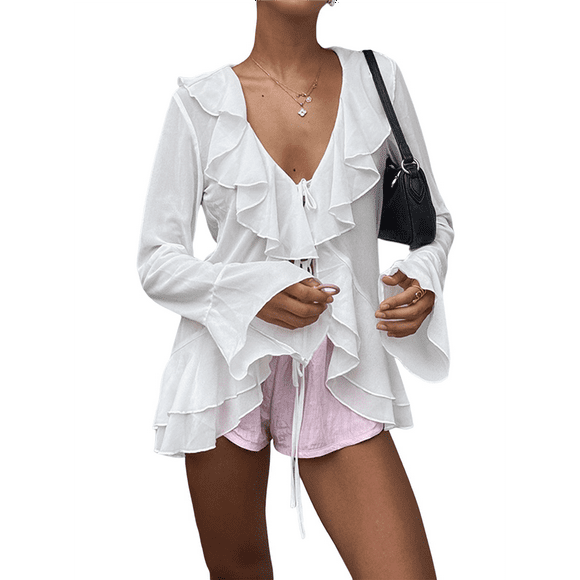 Women's Tie Front Tops Sheer Mesh Bell Long Sleeve Ruffle Blouse Shirt Crop Top White S