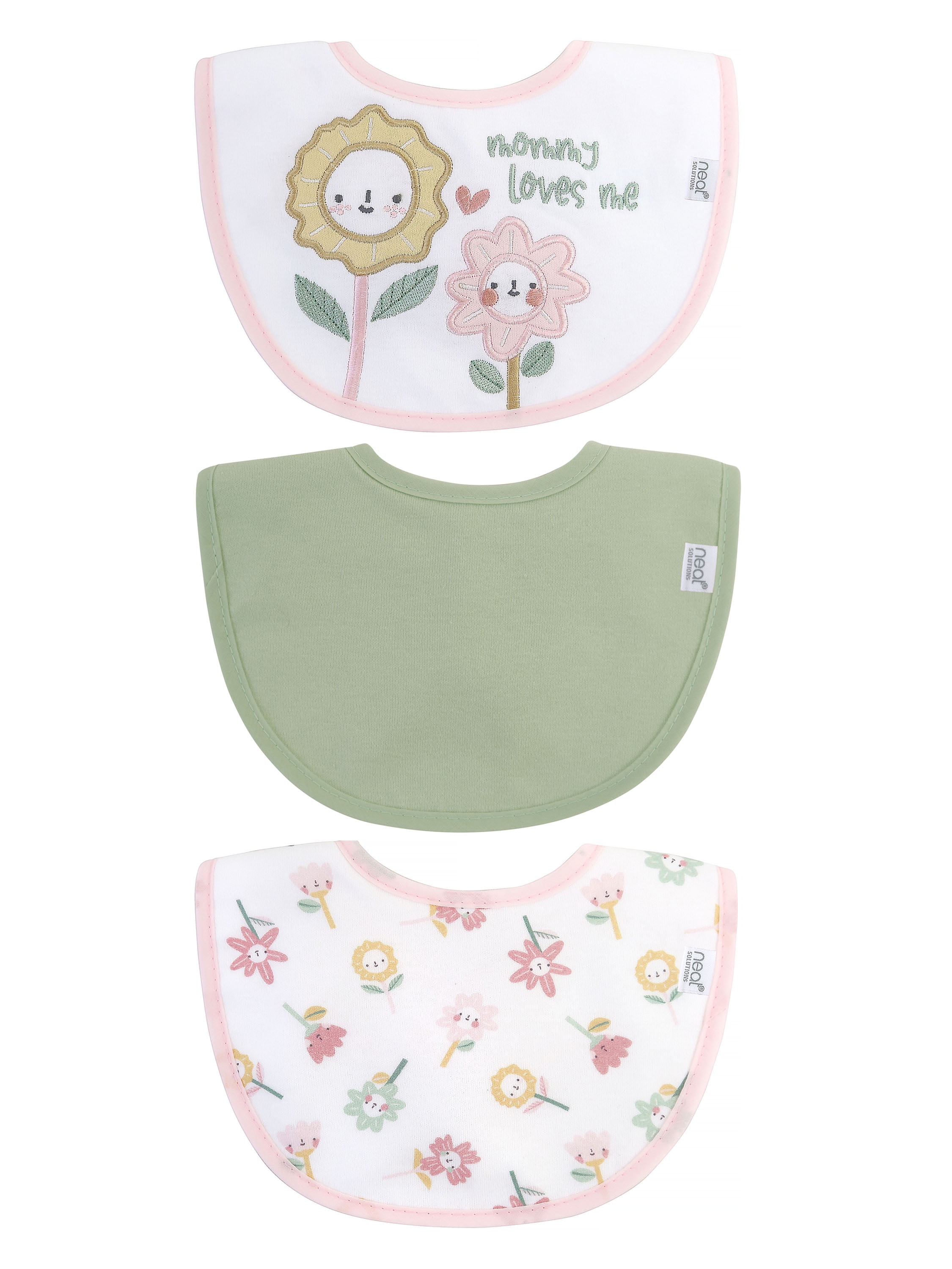 Neat Solutions 3 Pack Girl Print & Solid Infant Milk Bibs