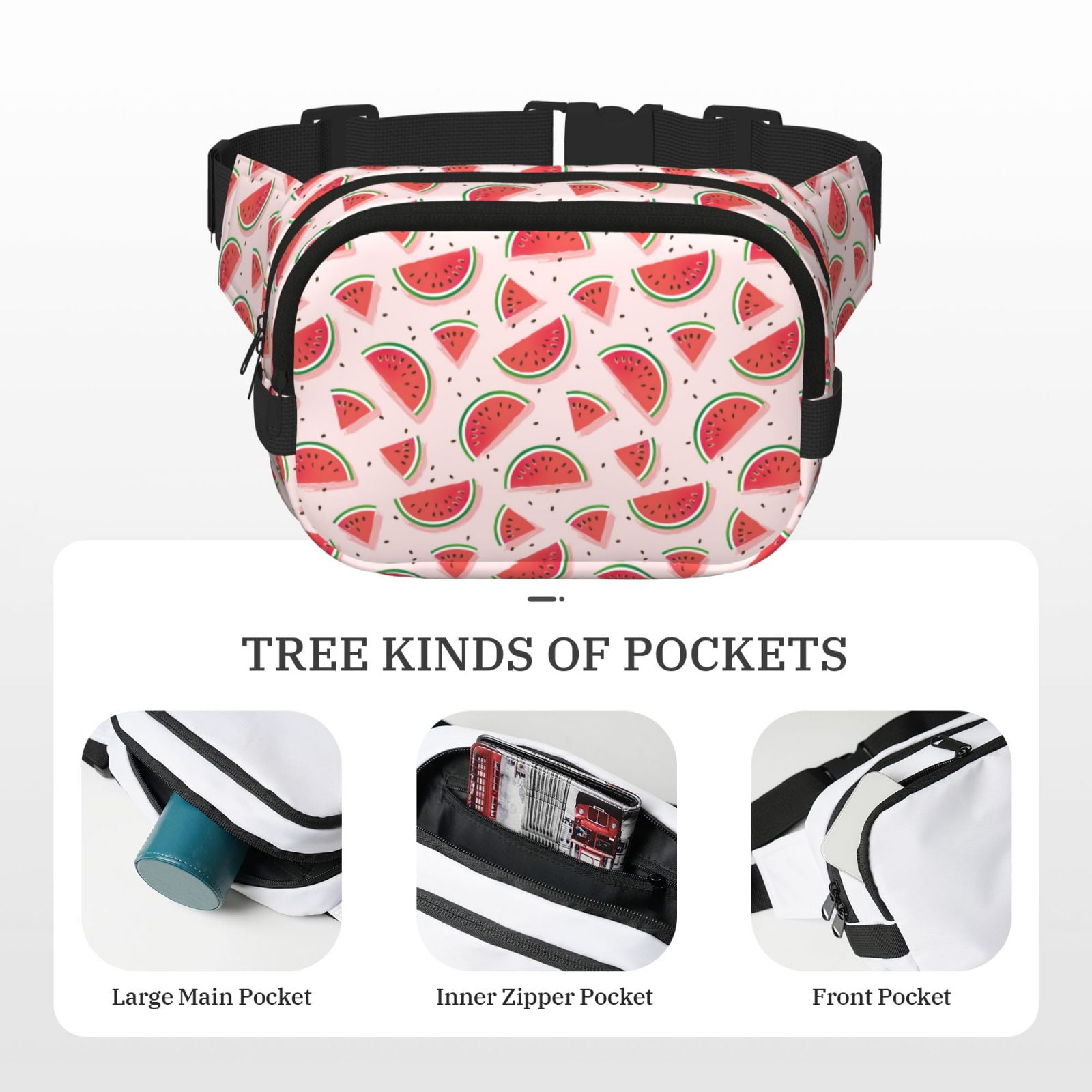 Picia Watermelon Print Square Double-Layer Waist Bag Mini Adjustable Waist Belt Bag Exercise Running Travel Hiking