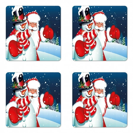 

Christmas Coaster Set of 4 Smiling Santa Claus Hugging Snowman in Cartoon Style Winter Hills Fir Trees Square Hardboard Gloss Coasters Standard Size Blue Red White by Ambesonne