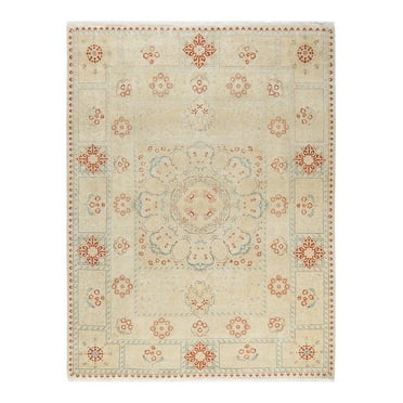 One of a Kind Hand Made MOGUL Floral Wool Area Rug Ivory 6 x 9