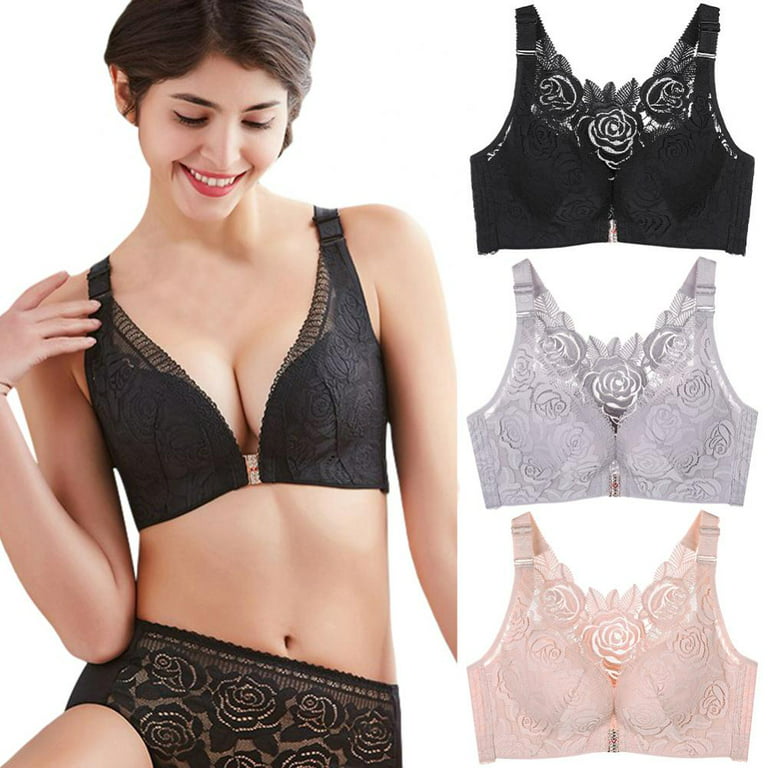 Large Size Embroidery Lace Wire Free Front Clip Closure Push Up Adjustable  Soft Bra (44B, Black)