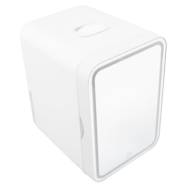 refrigerador pequeño, mini refrigerador portátil de doble propósito de 2 niveles con capacidad de 8l para el hogar para el automóvil para el maquillaje anggrek otros Vista 3/4 frontal de mini nevera blanca vertical con puerta lisa y borde biselado, asa integrada en la tapa, ventilación lateral y botón táctil en el panel frontal; cuerpo ABS con detalles en aluminio, incluye partición y cables, ideal para bebidas, cosméticos o medicamentos en casa y en el auto.
