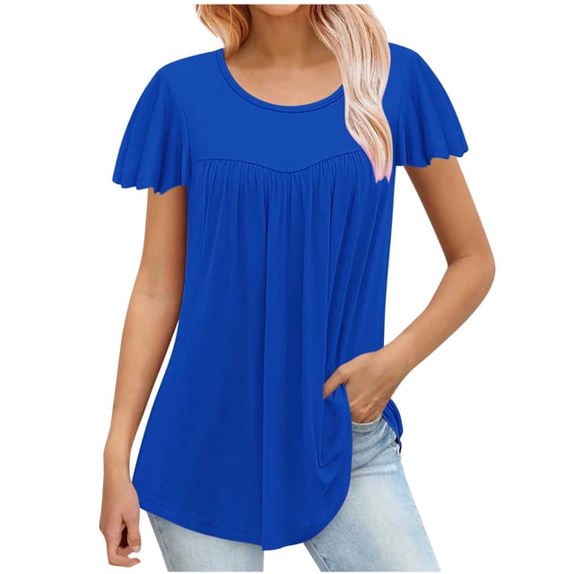 Économies d'Été KIHOUT Hauts d'Été pour Femmes, T-shirt Imprimé de Mode pour Femmes Blouse à Manches 3/4 Col Rond Hauts Décontractés (Bleu 4TG)