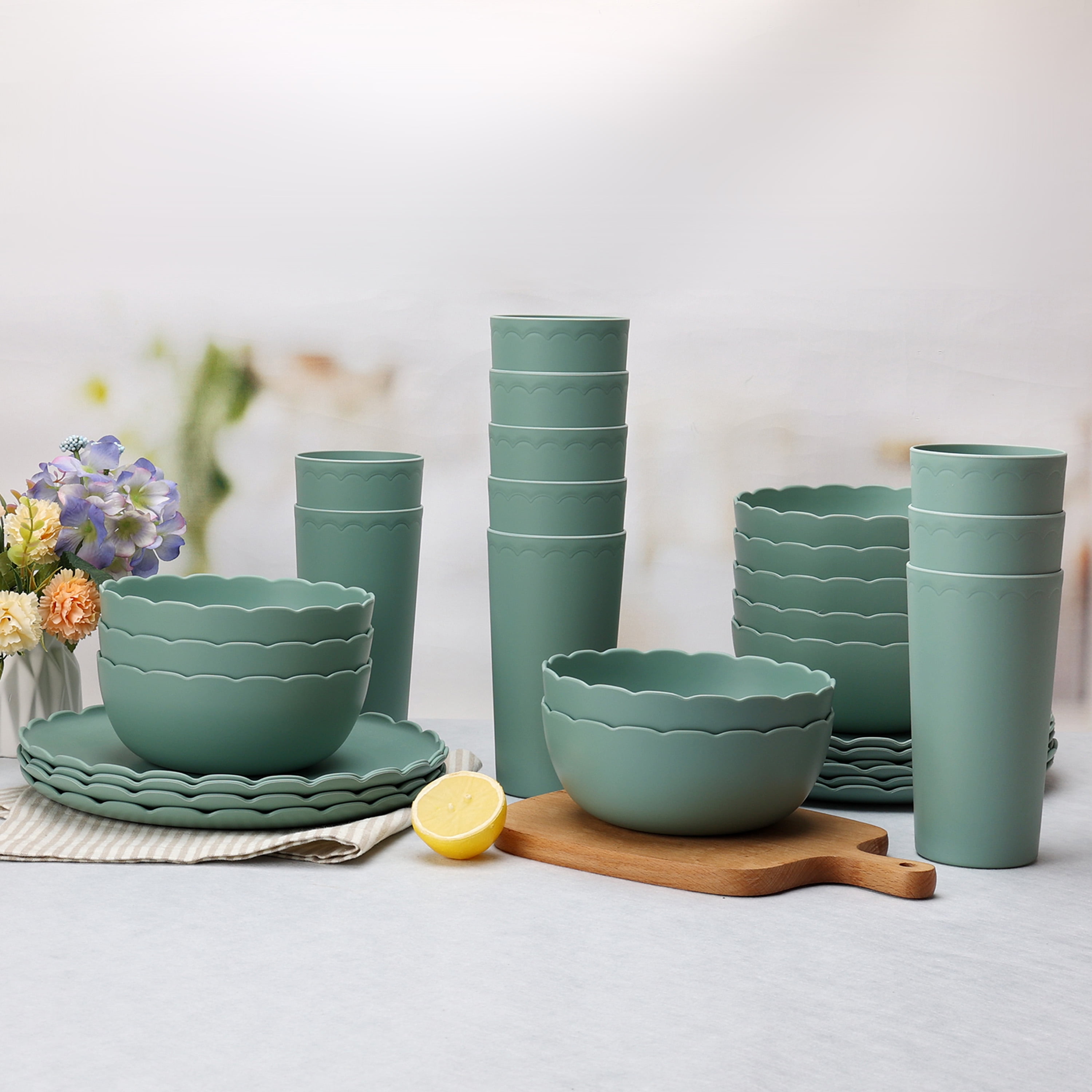 Mainstays 30-Piece Plastic Scalloped Dinnerware Bundle Set, Sage
