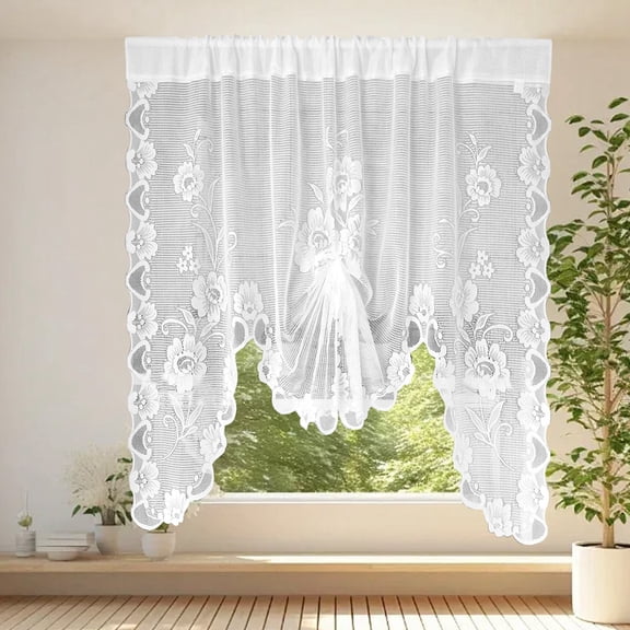 1 Panel Lace Sheer Curtain Valance Floral and Butterfly Embroidered Swag Curtain Valance Tier for Doorway Kitchen Bathroom Window, Rod Pocket Top