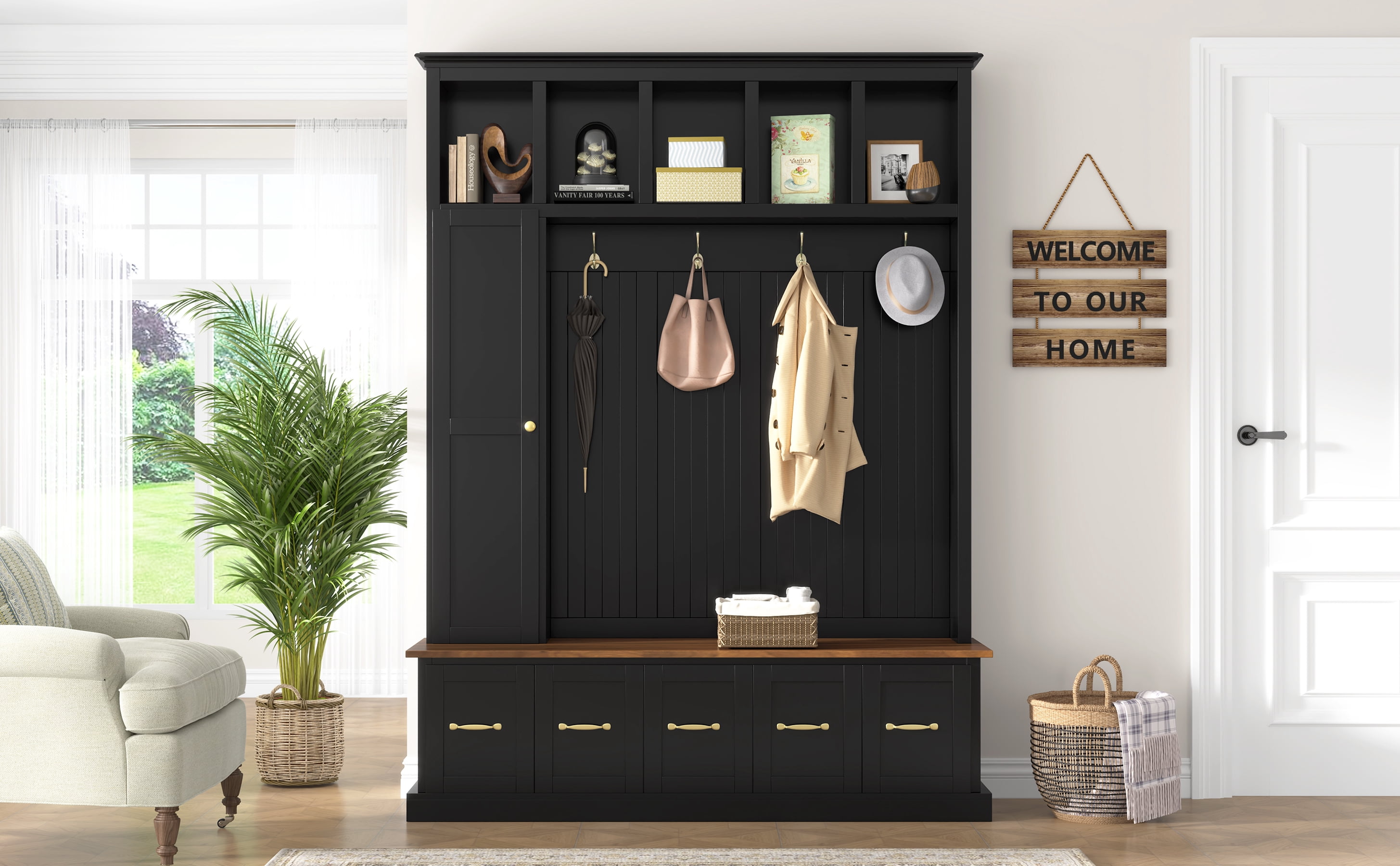 Mintazer 78.7” Tall Farmhouse Entryway Hall Tree with Coat Rack Hooks, 2 Closet, 5 Drawers & Shoe Storage Bench for Living Room, Bedroom, Hallway, Black