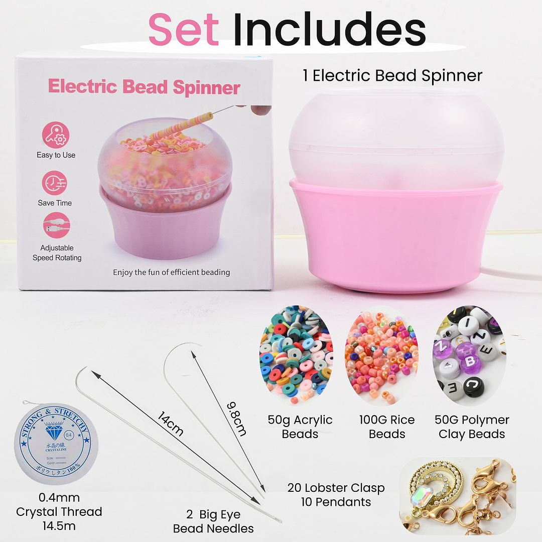 Electric Bead Spinner Kit with 2 Big Eye Beading Needles & Accessories - Clay Bead Spinner for Jewelry Making Necklace Bracelet Maker Machine Waist Beads Cute Christmas Gifts - Pink