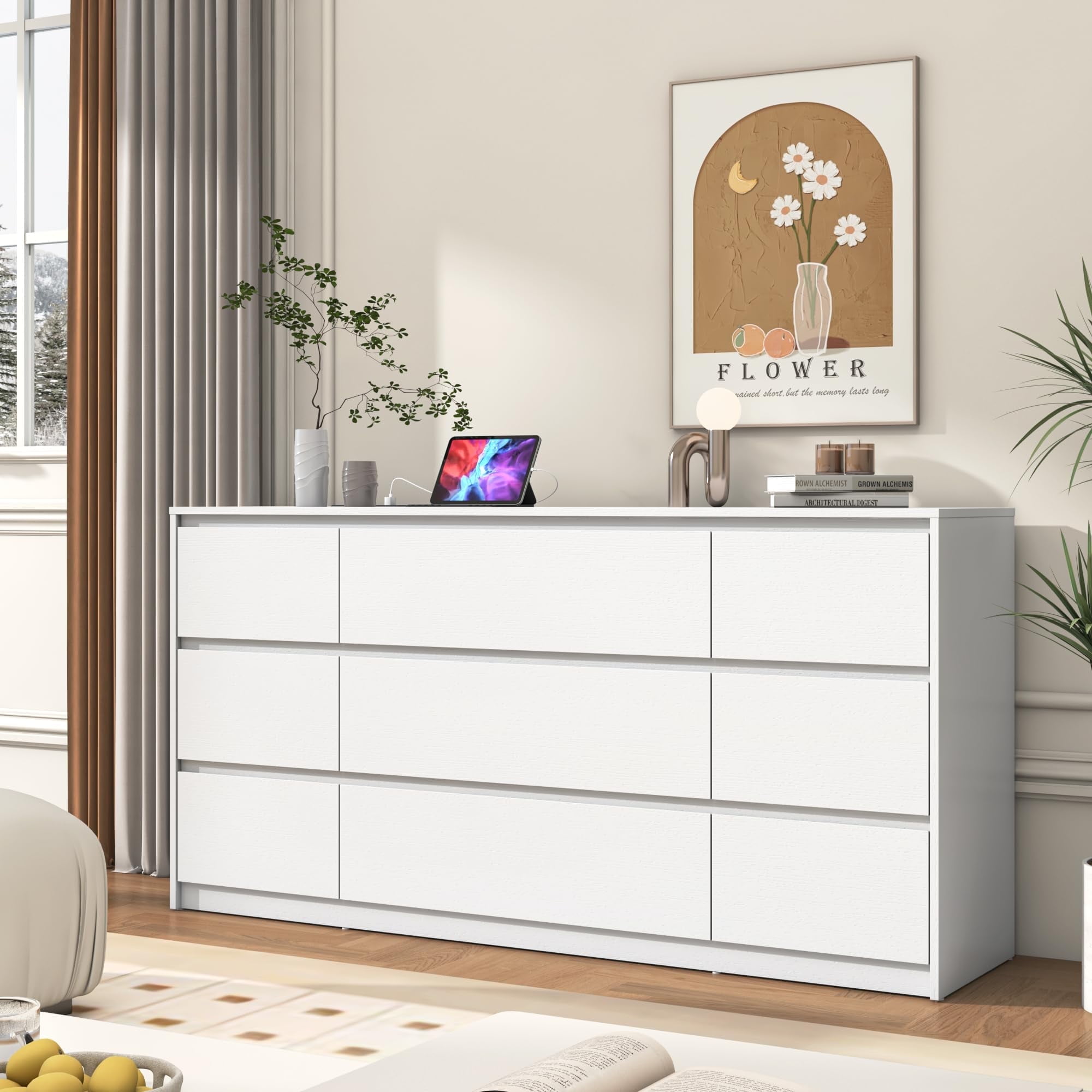 ChVans White 9 Drawers Dresser with Charging Station, 63" Long Modern Dresser with 9 Drawers for Bedroom, Large Wood Chest of Drawers Handle Free, Dresser for Bedroom, Living Room, Hallway