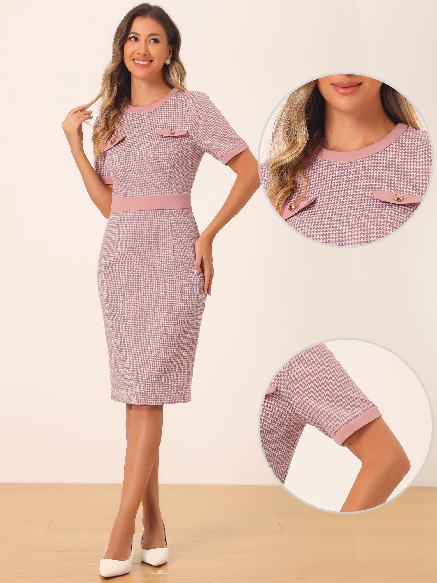 DARING DIVA Short Sleeve Contrast Bodycon Plaid Houndstooth Dress M Pink