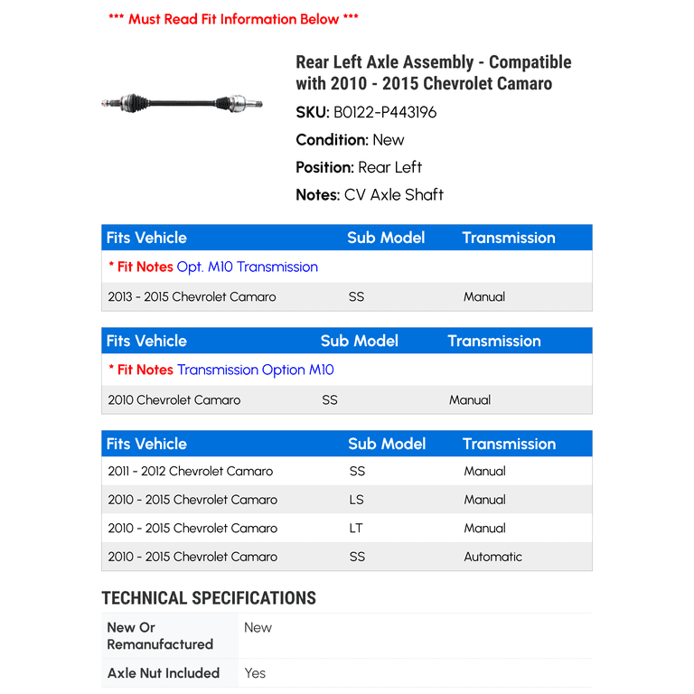 AM Autoparts Rear Left CV Axle Shaft For 2010-2015 Chevrolet Camaro – Direct OEM Replacement 22813176, 10-Year Warranty