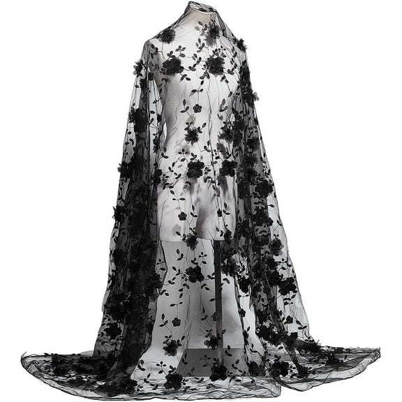 2.2yards Embroidered Flower Fabric 59-64.5inch Wide 3D Flower Organza Lace Floral Mesh Embroidery Fabric for Sewing DIY Custom Clothes Party Dress Home Decoration Black