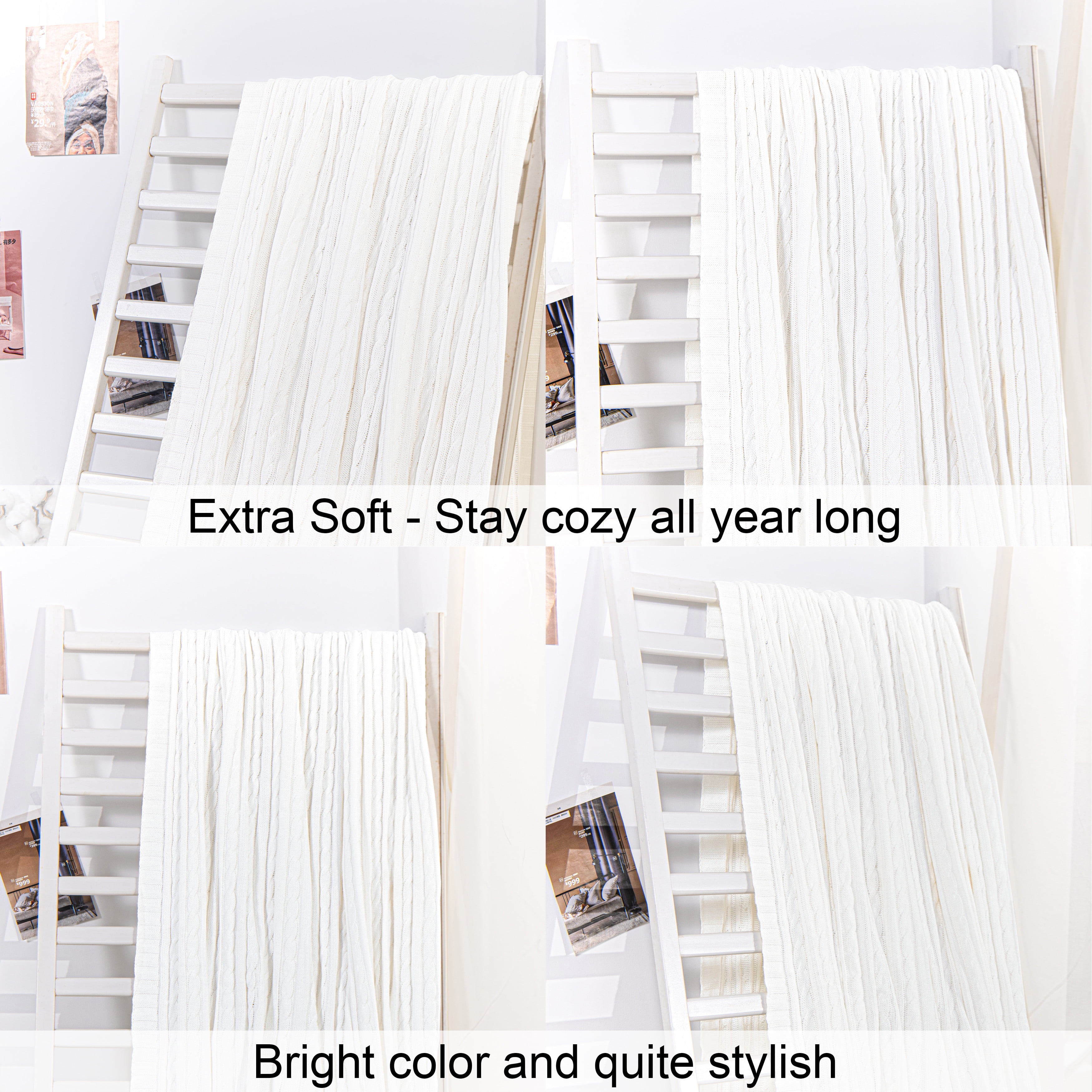 Ntbay 100% Cotton Cable Knit Throw, Super Soft Warm Knitted Blanket Home Decor, 60"x80", White
