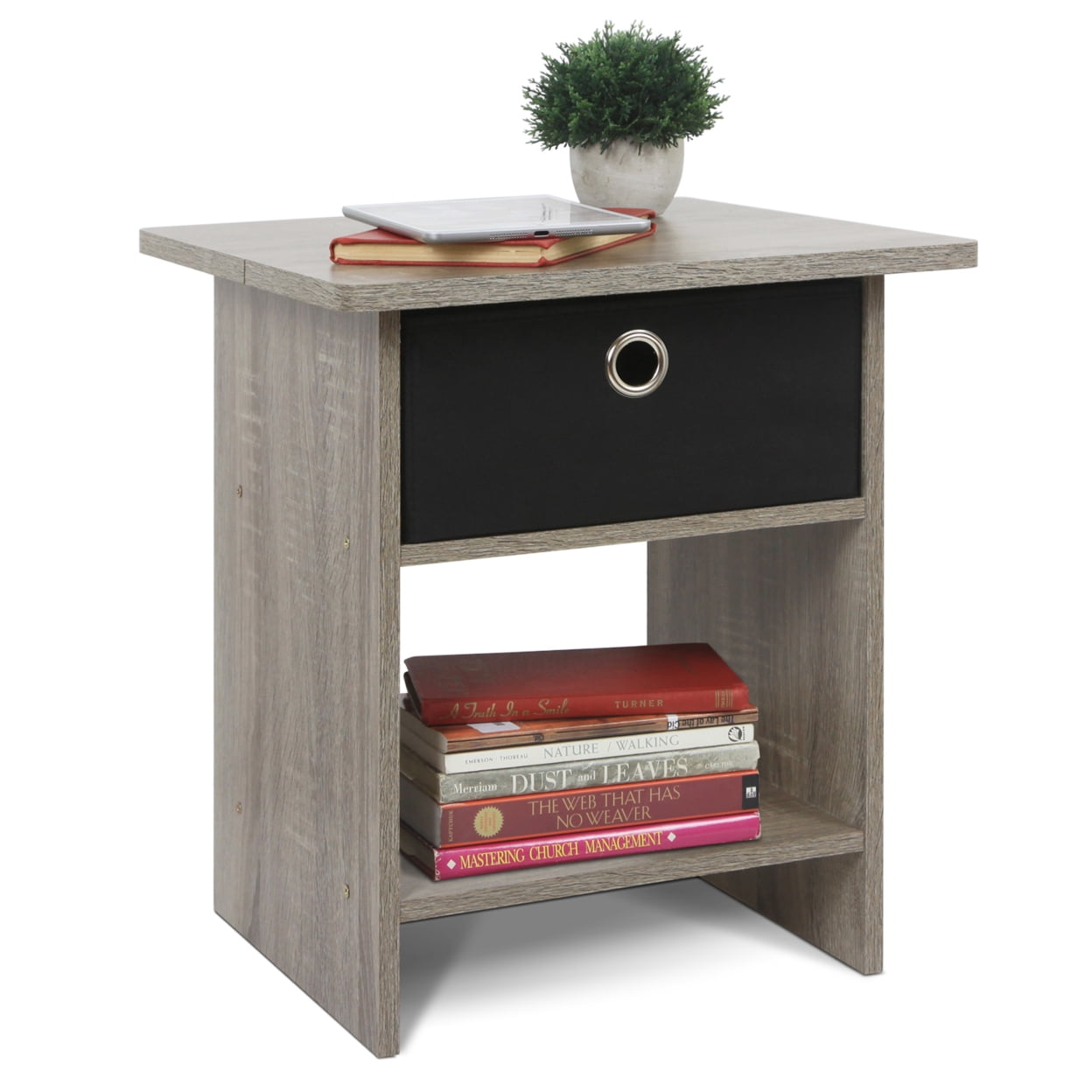 Furinno DARIO Wood End Table Storage Shelf in French Oak Gray/Black