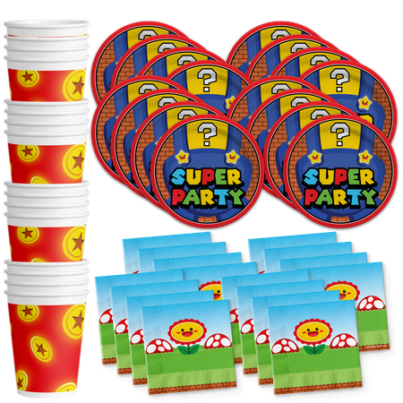 Super Party with Mario Birthday Party Supplies Set Plates Napkins Cups Tableware Kit for 16