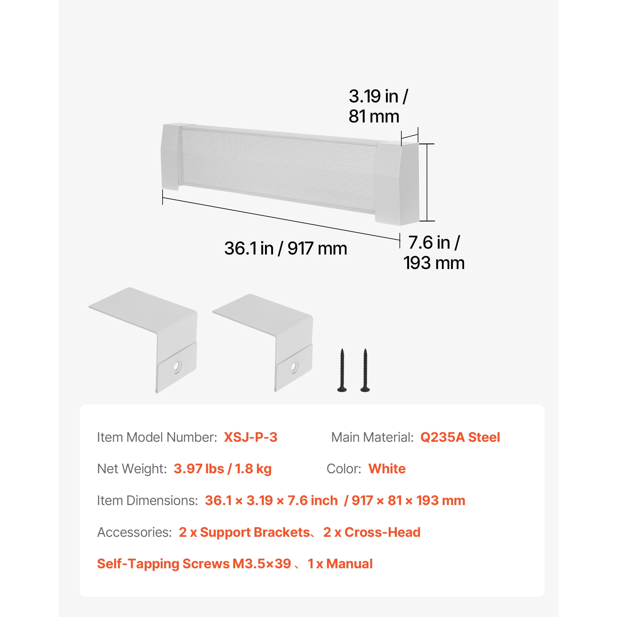 KFFKFF Baseboard Heater Covers, 3 ft Standard Electric Heating Unit Front Panel for Home Improvement, Durable Steel Construction, Simple Installation for Bedroom Upgrades, White