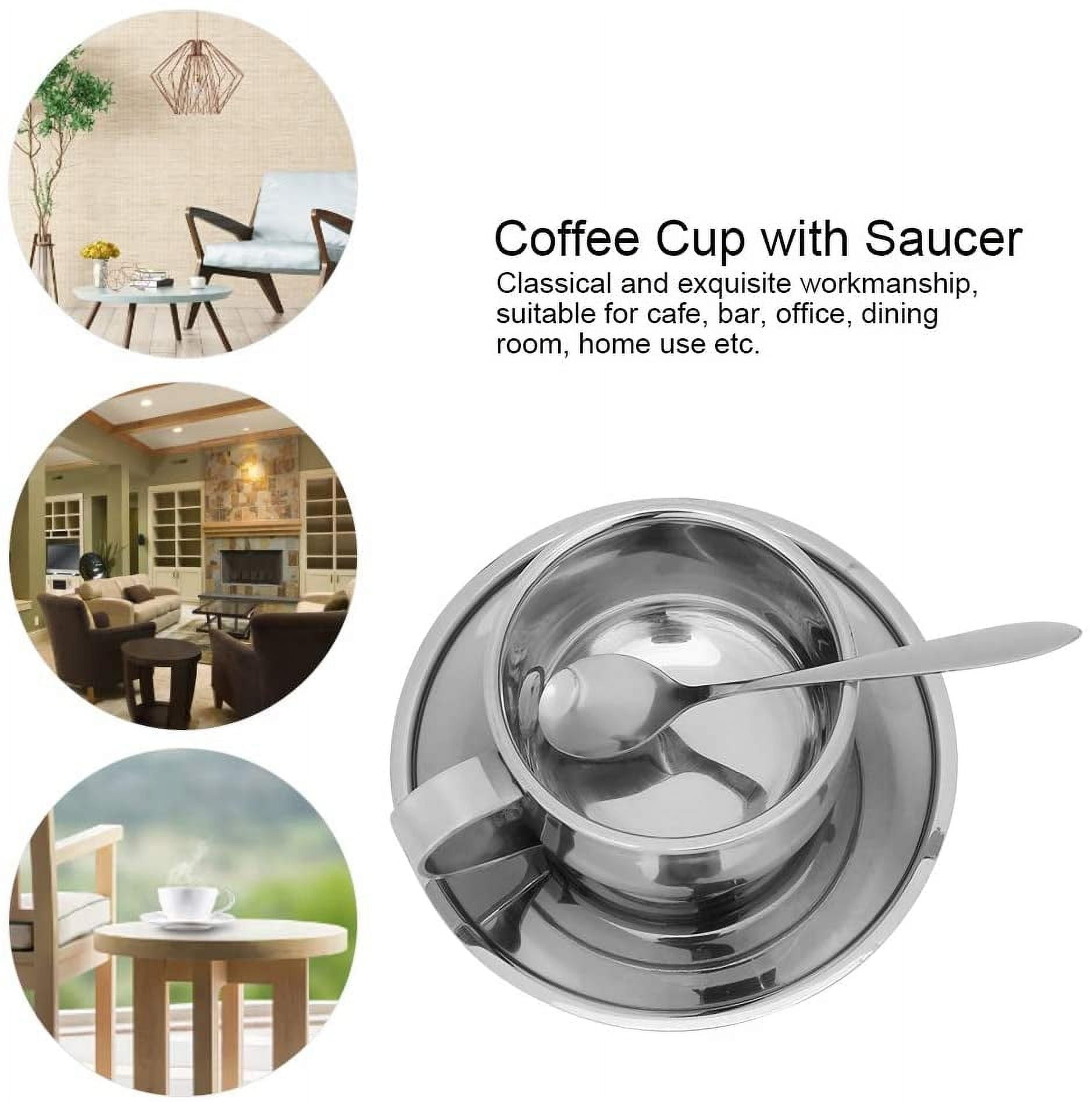 ABCISI Stainless Steel Coffee Cup Set, 6oz/180ml Coffee Mug with Saucer and Spoon, Double Walled Insulated Espresso Cups for Milk Tea Cappuccino Latte, Dishwasher Safe, Silver